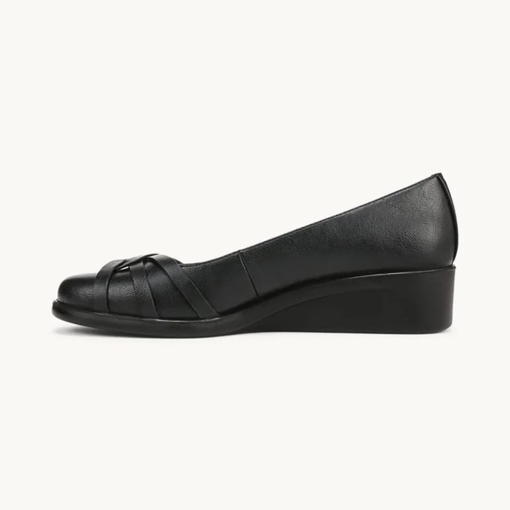 LifeStride Jorie Black Tumbled Faux Leather Ballet Wedge Shoes Womens Sz 7W